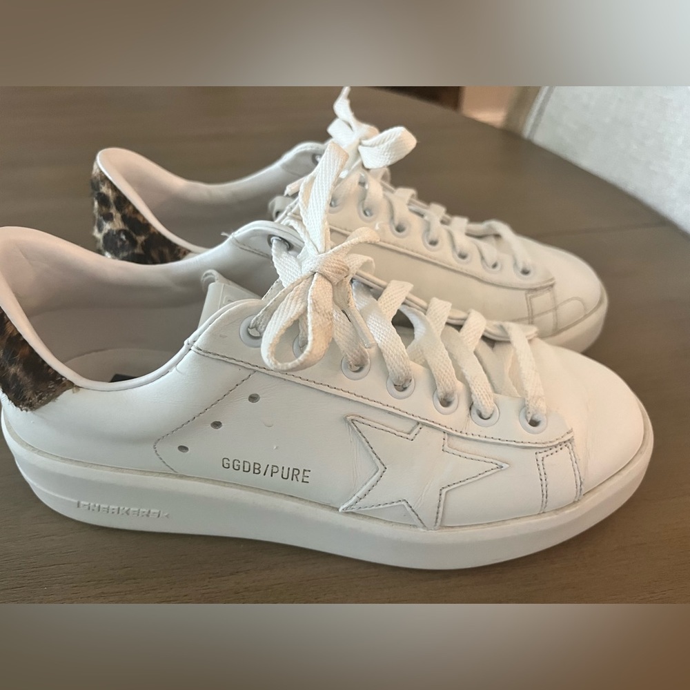 Golden GoosePure Star White calf leather- leopard-print calf hair trim. size 36